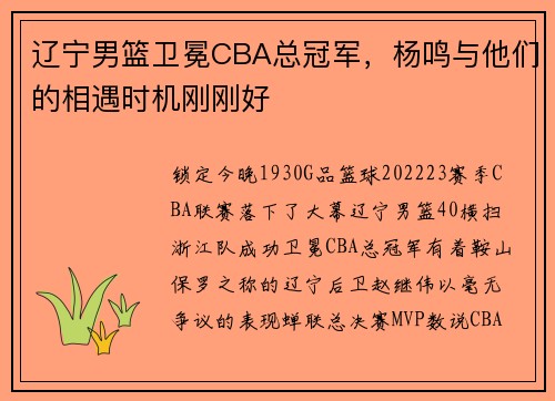 辽宁男篮卫冕CBA总冠军，杨鸣与他们的相遇时机刚刚好